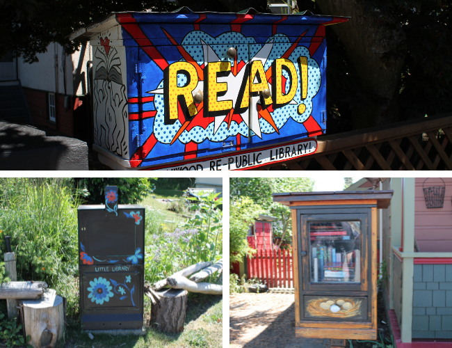Three photos of Little Free Libraries, including painted ones