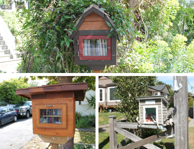 Three photos of Little Free Libraries that look professional and well-maintained