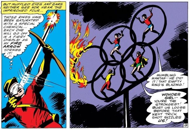 panel from Teen Titans #4; a blindfolded Speedy and the Teen Titans at the Olympics