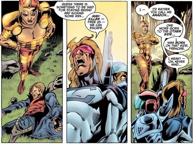 From Thunderbolts #71. Amazon stands triumphant over the villains she beat up. One of the villains remarks that she has gone "to the other side," thinking she is now a hero. Amazon says she was "born on that side," meaning she is gay.