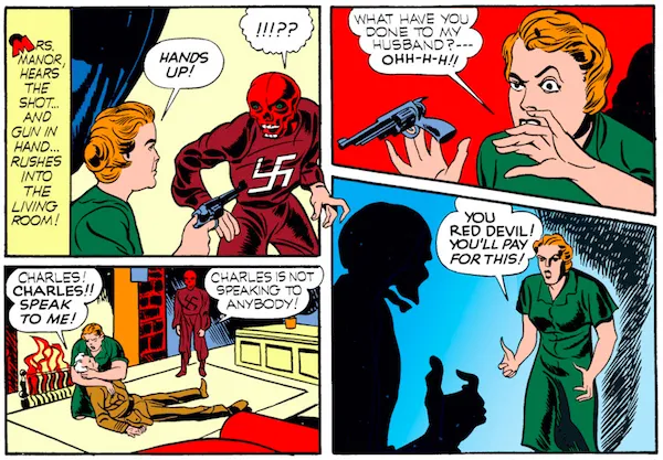 panel from Captain America Comics #1; panel is from Case #4: Captain America and the Riddle of the Red Skull; Mrs. Manor confronting the Red Skull
