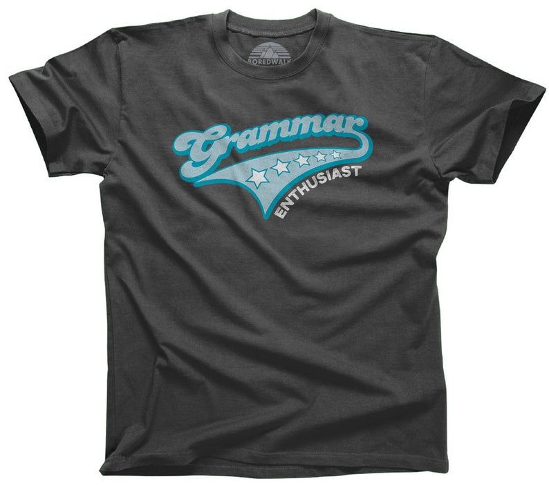 Grey t-shirt that has teal writing "Grammar enthusiast."