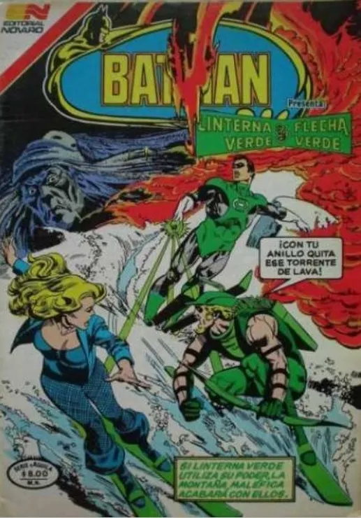 Green Arrow, Green Lantern, and Black Canary ski down a mountain, tries to outrace a lava flow. The disembodied head of an old witch watches from the sky.