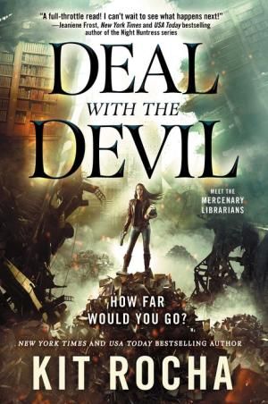 cover of Deal with the Devil: A Mercenary Librarians Novel Book by Kit Rocha; image of a person standing on a mountaintop surrounded by smoke and demons