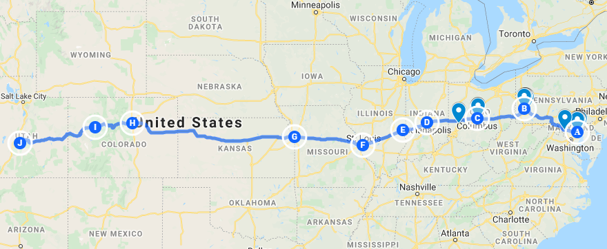 I-70 road trip map