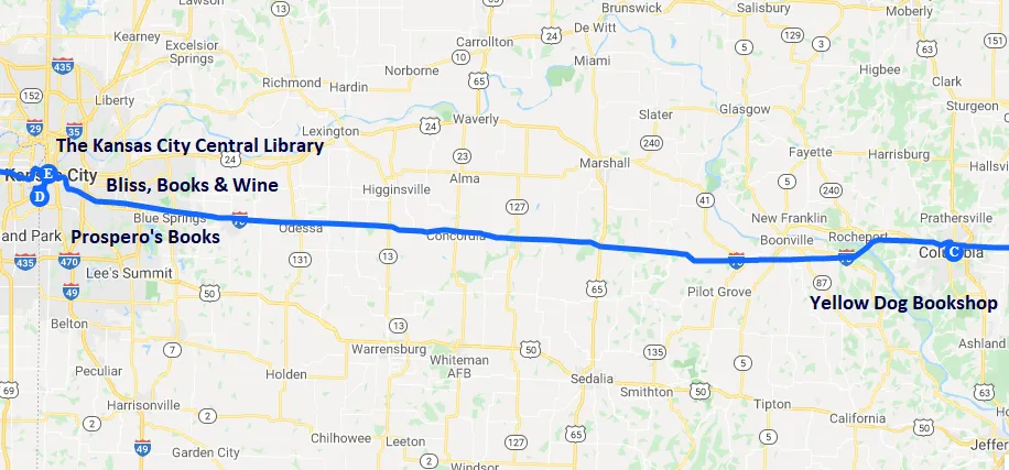 Map of literary destinations in Columbia and Kansas City Missouri