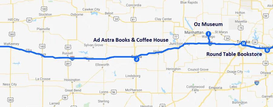 Map of bookish destinations in Topeka, Wamego, and Salina Kansas