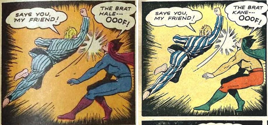 Two panels, side by side. The first features Hale uppercutting a masked supervillain. The second is almost identical, but with different colors and the villain calls Hale "Kane."