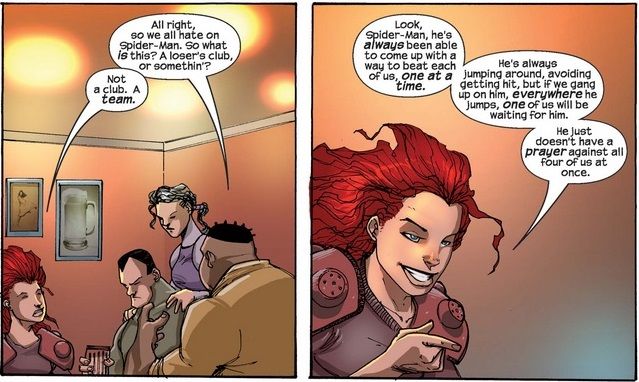 From Thunderbolts #80. Amazon sits in a bar with other B-list villains and suggests they team up against Spider-Man.