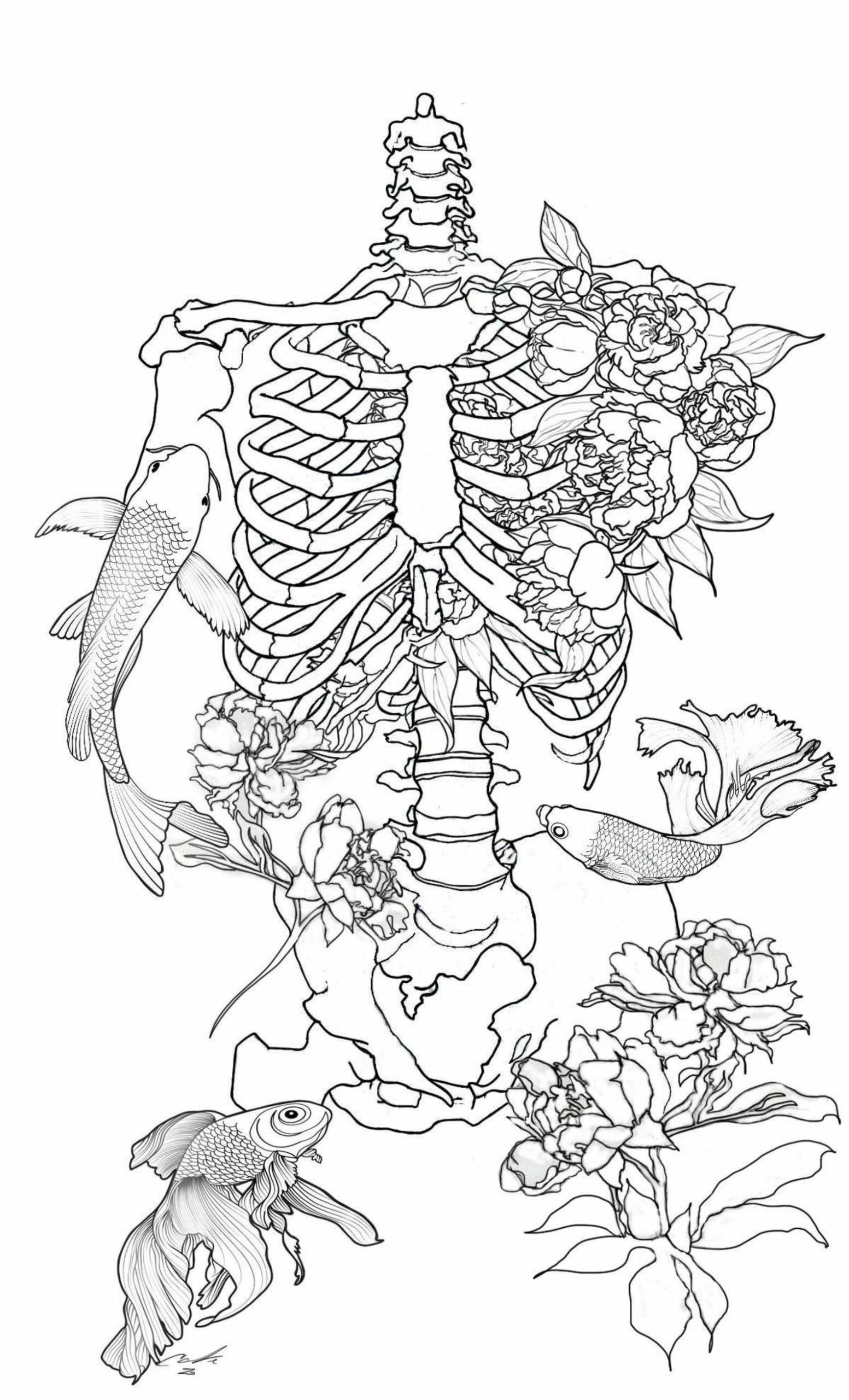 coloring book design of a skeleton of flowers and fish