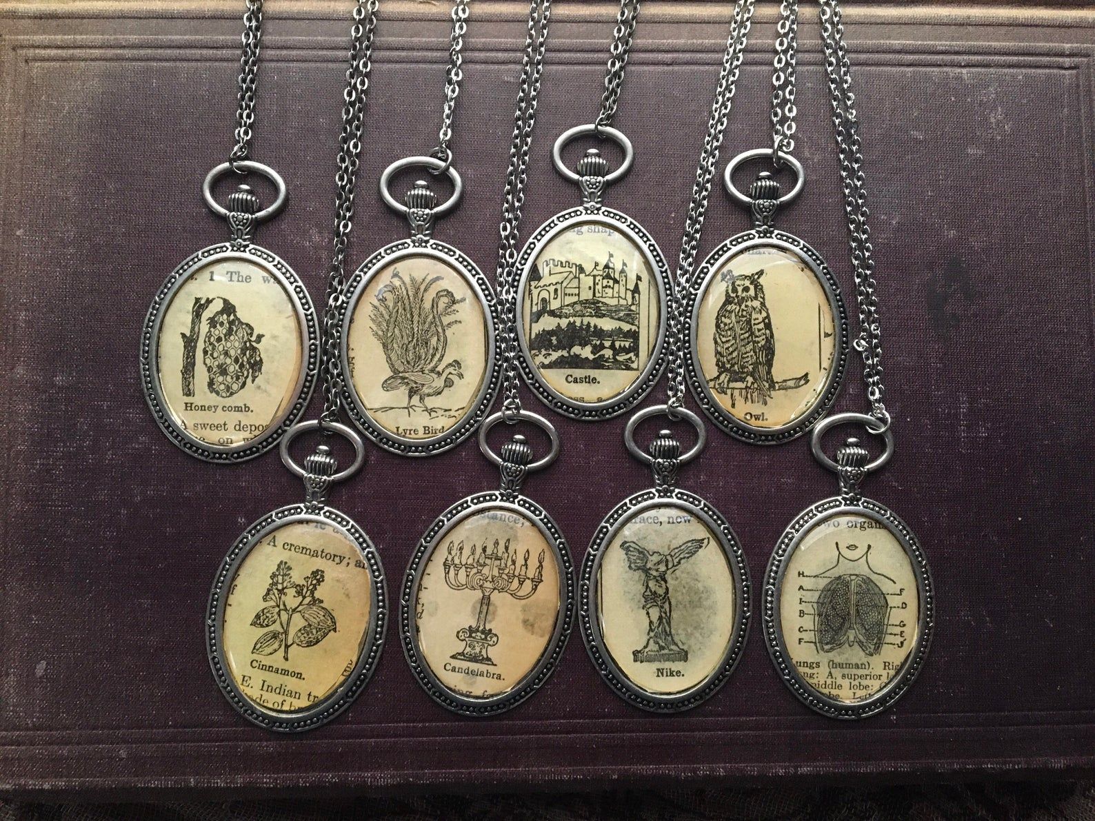 Image of eight different dictionary pages inside a necklace pendant. 