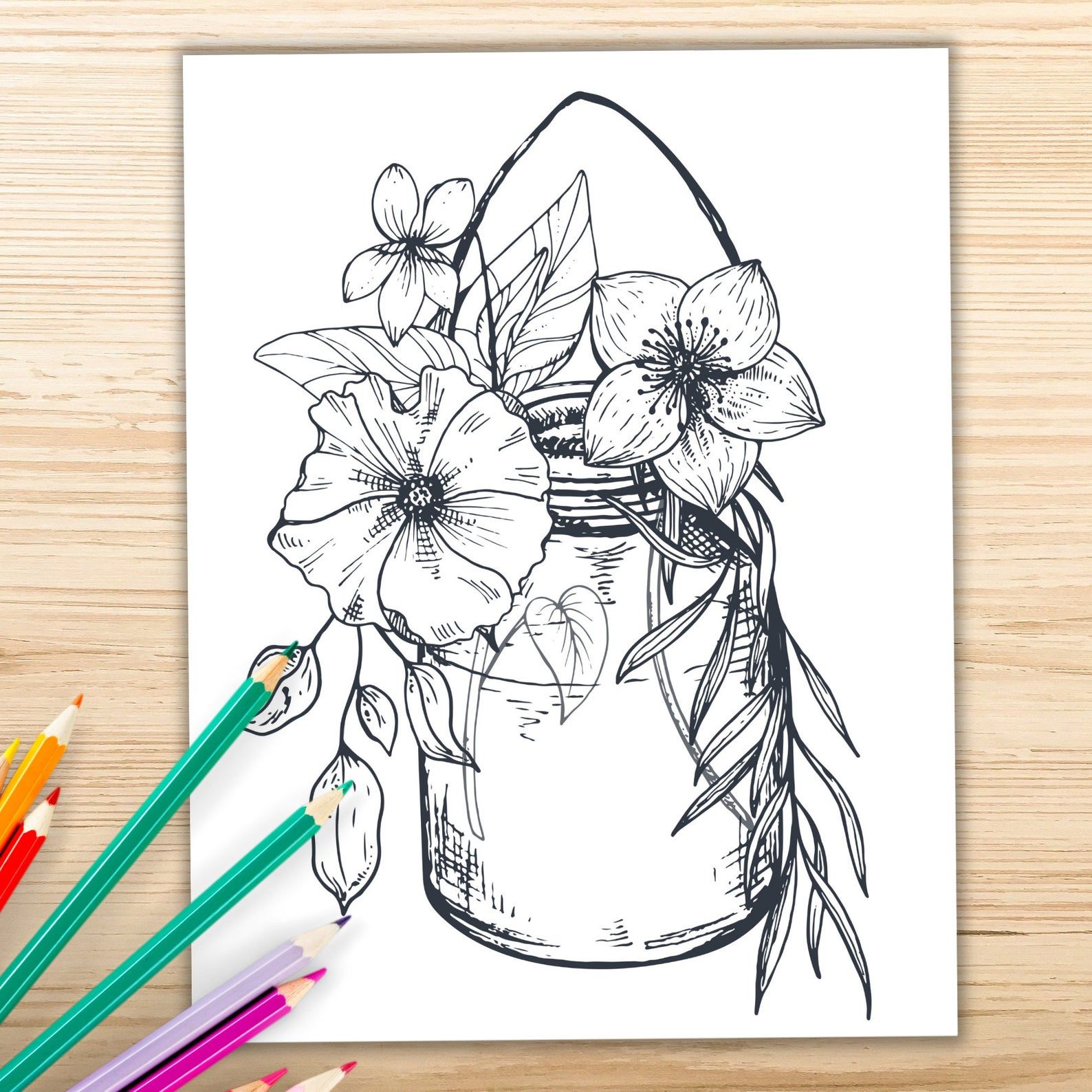 coloring book design of a jar of flowers