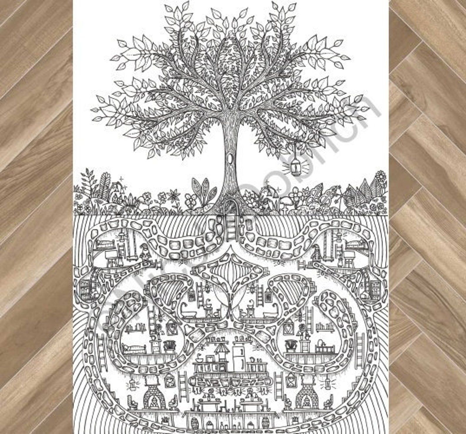 coloring book design of a tree with an underground gnome house beneath it