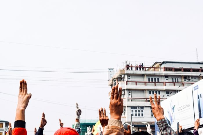 Appearance of the three-finger salute from The Hunger Games series in a protest in Myanmar