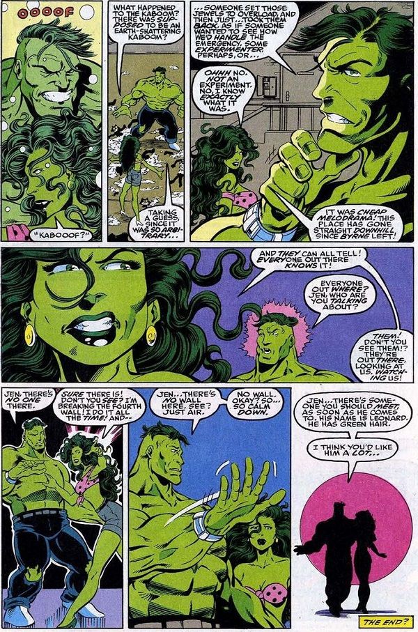 She-Hulk and Hulk have a conversation about breaking the fourth wall in Incredible Hulk #412. | https://www.cbr.com/she-hulk-fourth-wall-breaking/2/