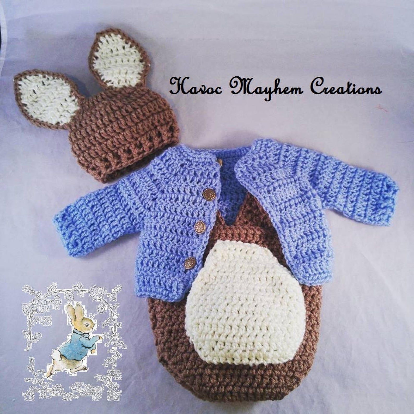 Crocheted Peter Rabbit costume. 