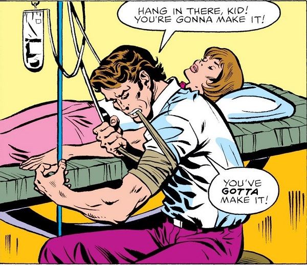 Bruce Banner saves Jennifer Walters' life with a blood transfusion in The Savage She-Hulk #1. | https://www.weirdsciencedccomics.com/2018/09/retro-review-savage-she-hulk-1-1980-she.html