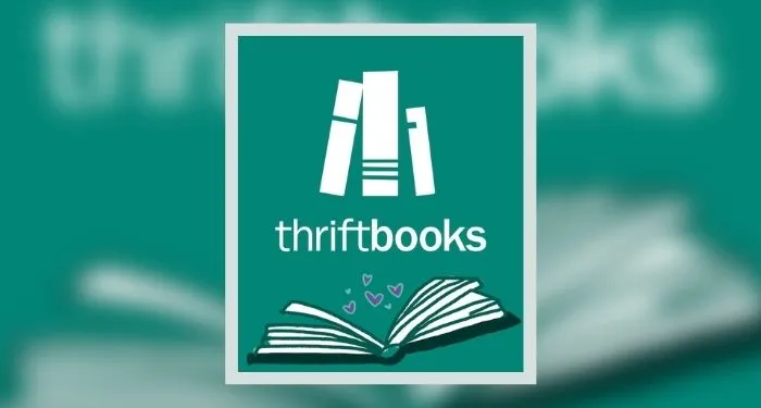 white text reads: thriftbooks. text is centered beneath graphic image of book spines and above a graphic image of an open book