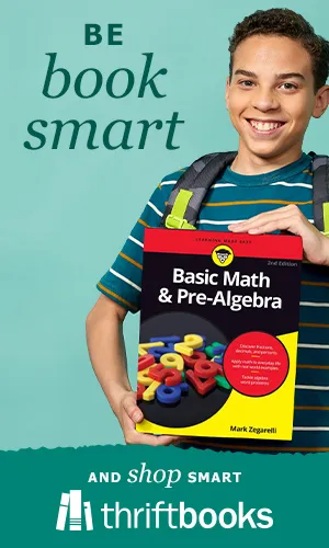 Student smiling and holding Basic Math & Pre-algebra book with ThriftBooks logo and text "Be book smart"