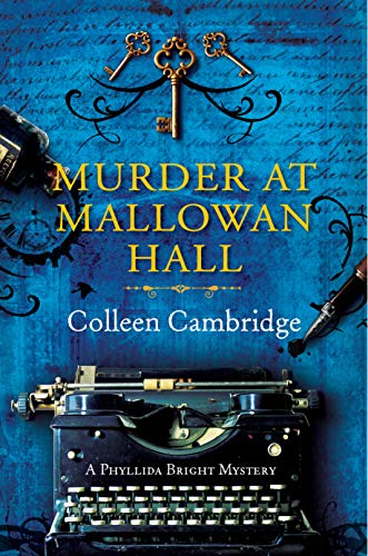 cover of Murder at Mallowan Hall, featuring an old fashioned typewriter in front of a blue backgrouond with a gold sekeleton key hanging over it