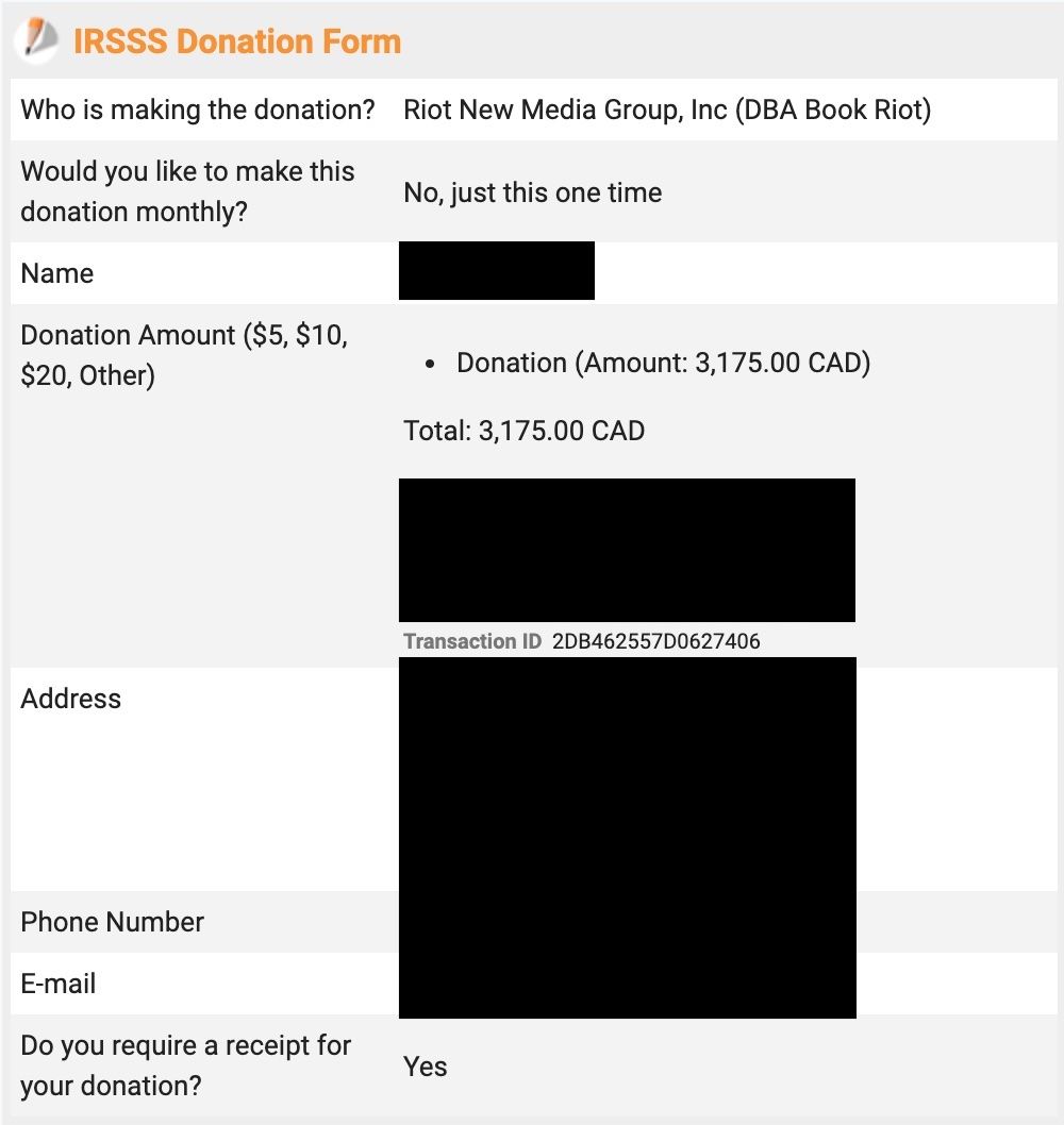 receipt showing a $3175 CAD donation to the Indian Residential School Survivors Society on behalf of Book Riot