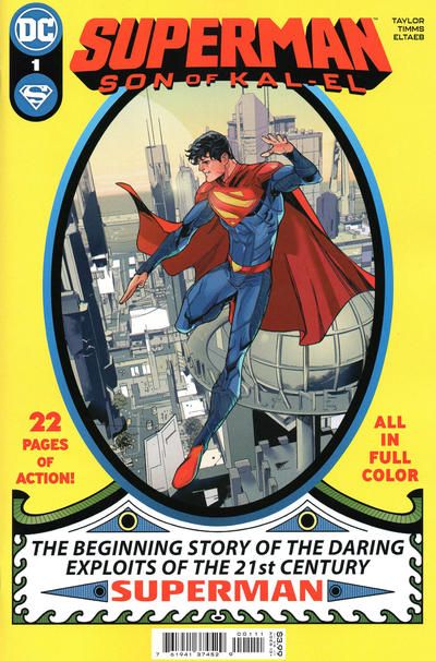 The cover of Superman: Son of Kal-El #1, showing Jon Kent, an 18-year-old who strongly resembles Clark Kent, wearing a Superman costume and flying over Metropolis. The cover is designed to resemble the original Superman #1 and includes the title as well as the following text: "22 pages of action! All in full color. The beginning story of the daring exploits of the 21st century SUPERMAN."