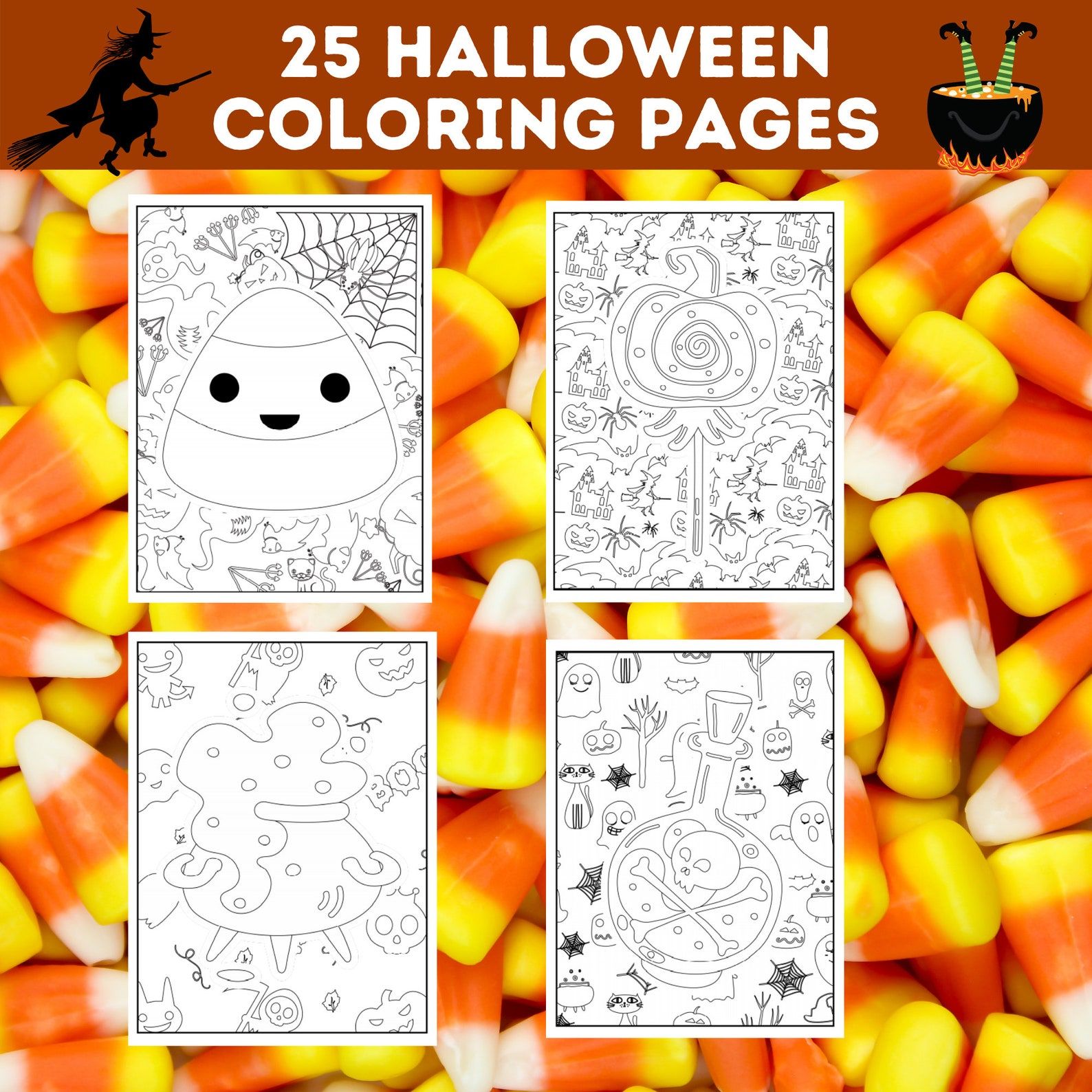 Candy corn and witch's pot coloring pages