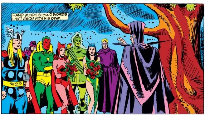 From Giant-Size Avengers #4. Vision & Scarlet Witch and Mantis & "Swordsman" are married in the presence of the other Avengers.