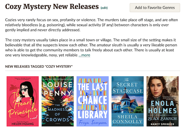 screenshot of Goodread's Cozy Mystery New Releases page showing The Heart Principle and The Madness of Crowds listed.