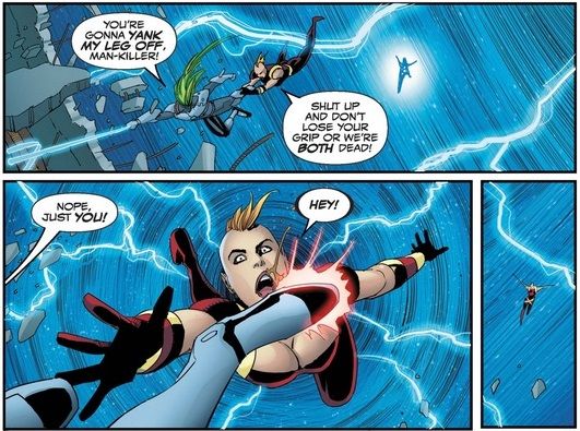 From Thunderbolts #12. Man-Killer clings to Whiplash's leg to avoid getting swept away in a maelstrom. He kicks her off, causing her to fly to her death.