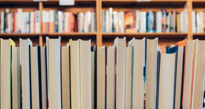 a photo of a shelf of books as seen from behind