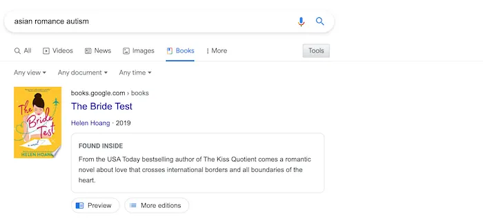 screenshot of google search of Asian autistic romance with The Bride Test as a result