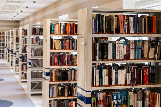 Library shelves full of books.