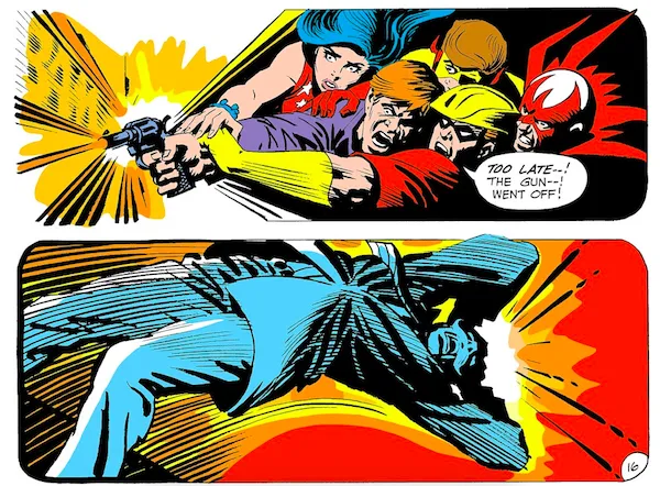 Two panels from Teen Titans #25.
Panel 1: An angry protestor fires a gun while Wonder Girl, Kid Flash, Speedy, and Hawk try to subdue him.
Speedy: Too late - ! The gun - ! Went off!
Panel 2: Dr. Swenson falls over, clearly hit.