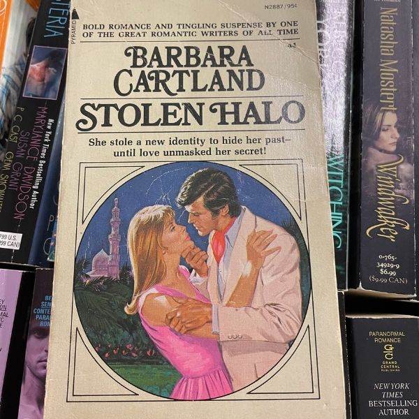 the cover of a Barbara Cartland novel called Stolen Halo.