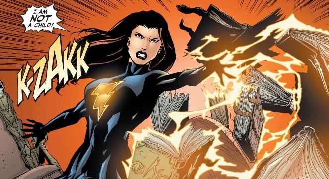 From Countdown #36. Mary Marvel, dressed in black, angrily blasts a table full of books and yells that she is not a child.