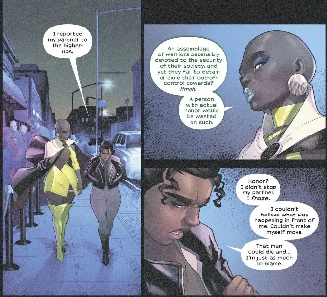 From Far Sector #5. Jo Mullein, a newly-fired police officer, describes how she reported her partner for excessive force while she froze and did nothing.
