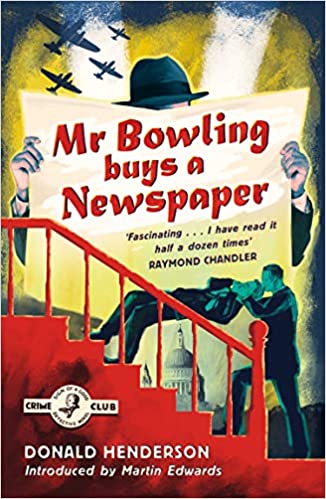 cover of Mr. Bowling Buys a Newspaper by Donald Henderson, featuring a colorized b&W photo of a man strangling another man on a red staircase in front of a large image of a man in a hat reading the newspaper