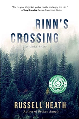 cover of Rinn's Crossing by Russell Heath, photo of mist-covered pine forest