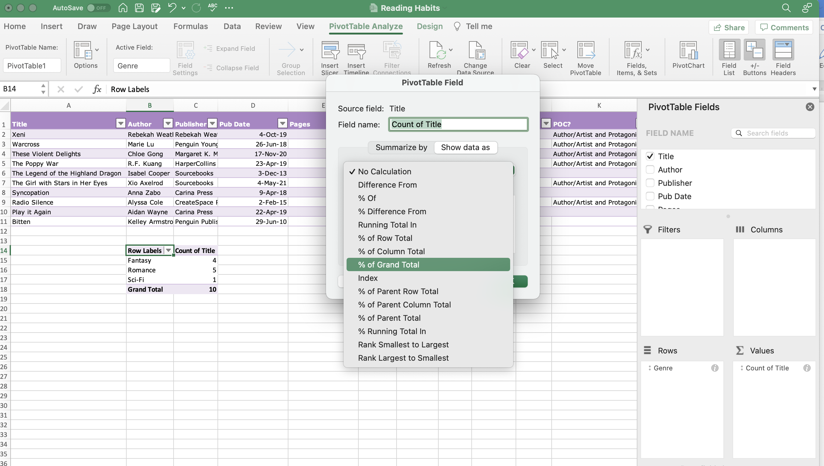 Reading Habits Excel PivotTable Step 2