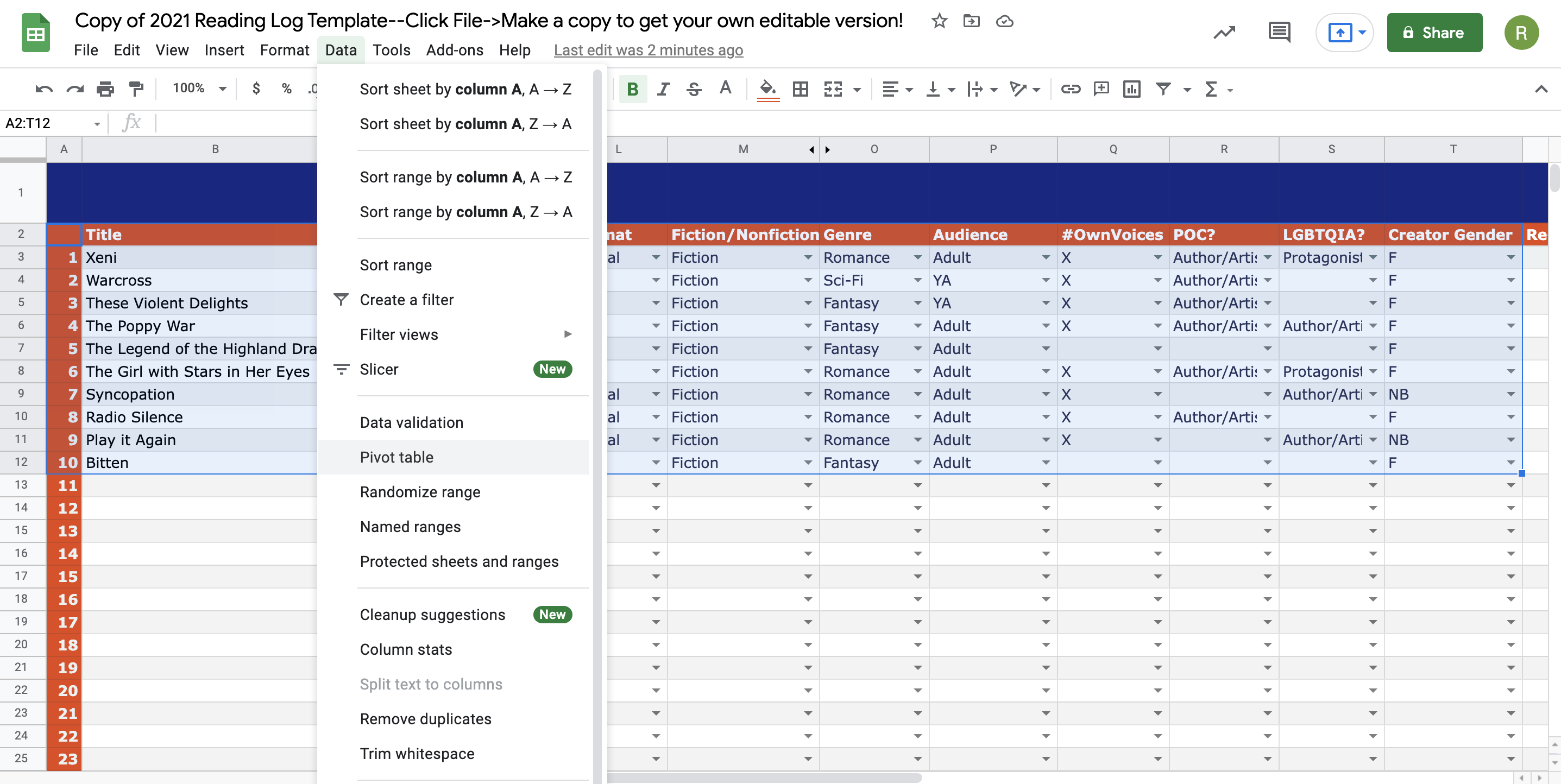 Book Riot Sheets Pivot Table Step 1