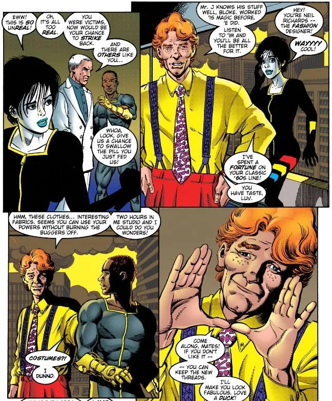 From Teen Titans #3. Toni Monetti fawns over Neil "Mad Mod" Richards. Richards offers to make costumes for the new team of Titans.