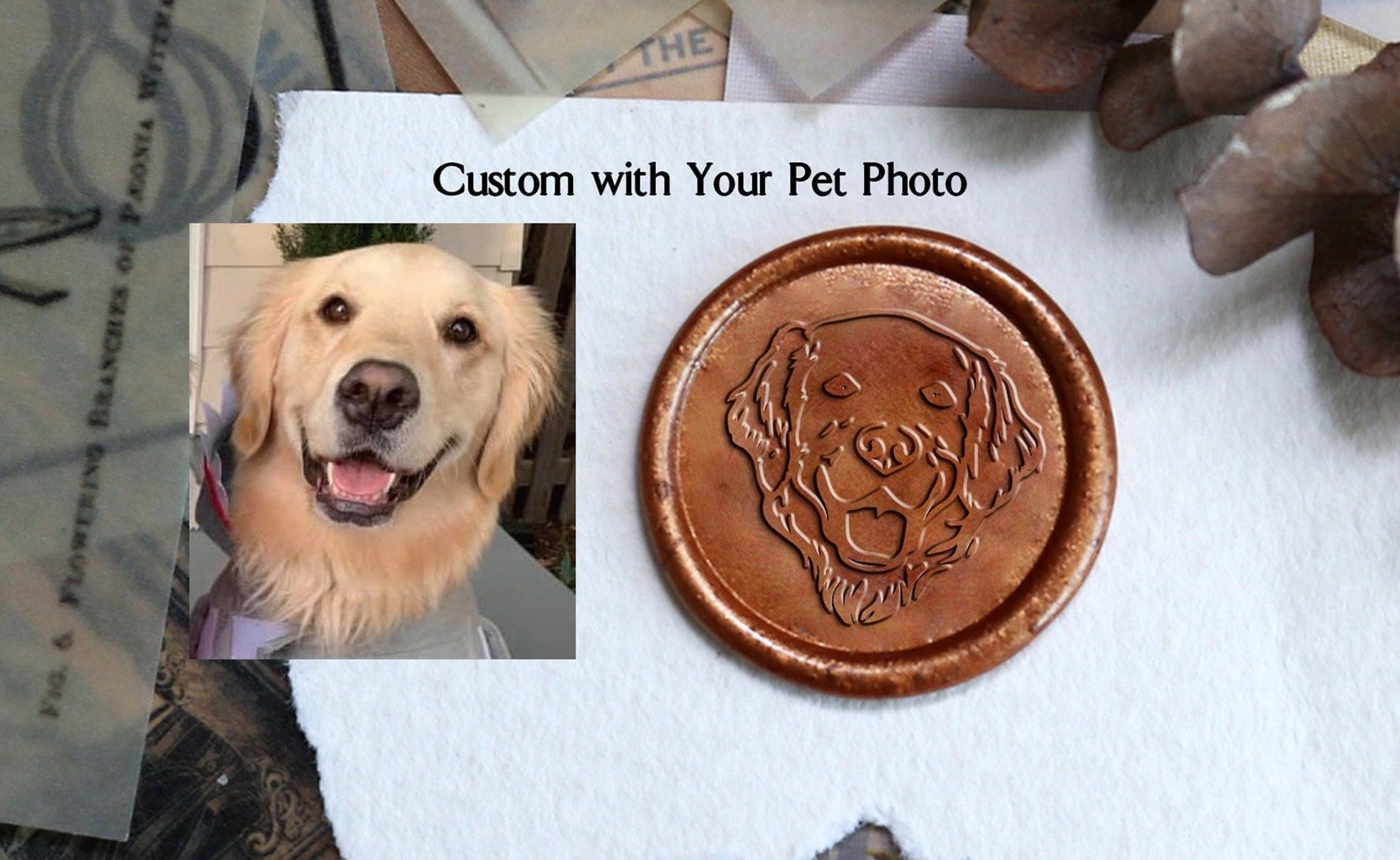 Image of a custom stamp featuring a golden retriever. 