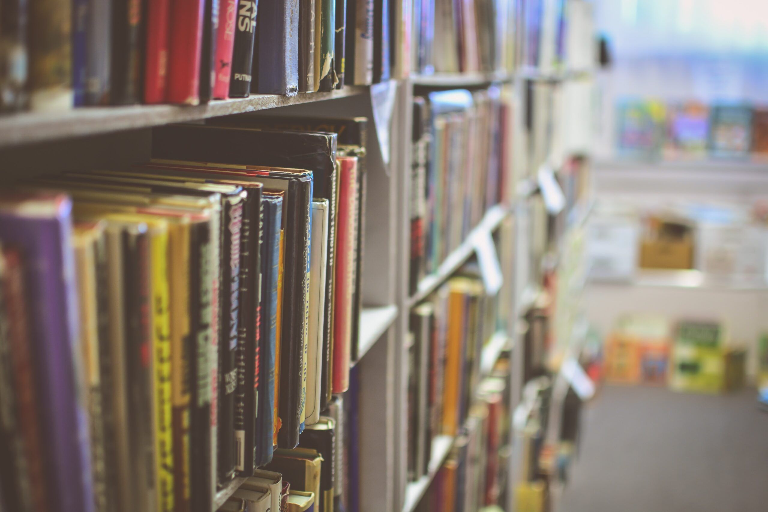 library books on a bookshelf in a school library