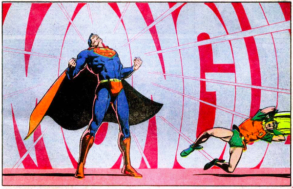 One panel from Superman Annual #11. Superman throws his head back, clenches his fists, and yells "MONGUL" so loud that Robin falls over, clutching his ears in pain. The word "MONGUL" fills the entire background of the panel in enormous red and white letters, bowing outwards with the force of Superman's volume.