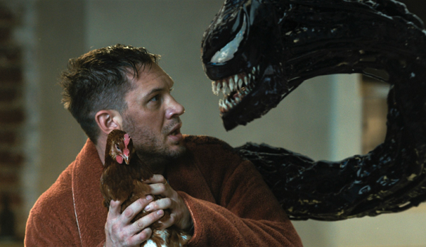 Screenshot from the trailer for 'Venom 2: Let There Be Carnage', featuring Tom Hardy as Eddie-Brock talking to Venom