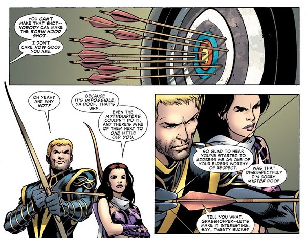 Kate Bishop and Clint Barton with Robin Hood Shot in 'Young Avengers Presents #6' by Matt Fraction and Alan Davis