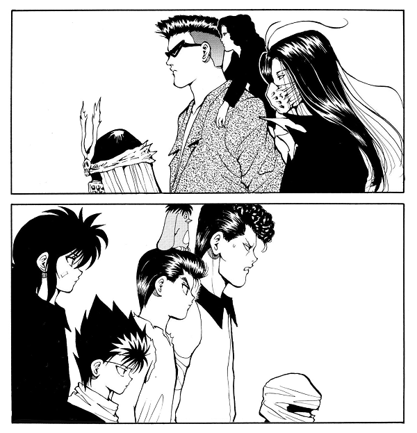 Two panels from Yu Yu Hakusho showing both teams facing off