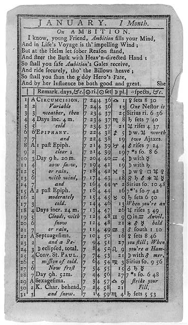 An image of the inside of an issue of Poor Richard's Almanac. The top says January, Month 1 followed by a poem and a chart of the days of January with weather preductions.
