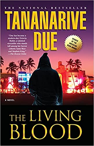 cover of The Living Blood by Tananarive Due, image of outline of person standing in front of a city skyline, with a full moon and palm trees